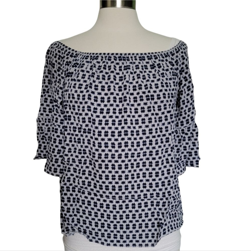 SANCTUARY White & Blue Splotch Bell Sleeve Top